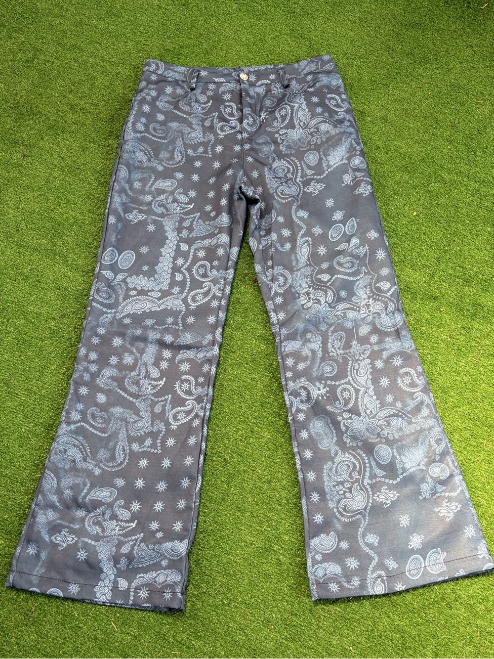 Wide Leg Paisley Print Pants - Slate Blue